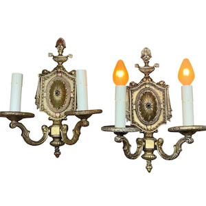 RESTORED and REWIRED Solid Cast Brass  1920s Wall Sconces with Shabby Paint  and Candelabra Base Sockets Two Light #2634