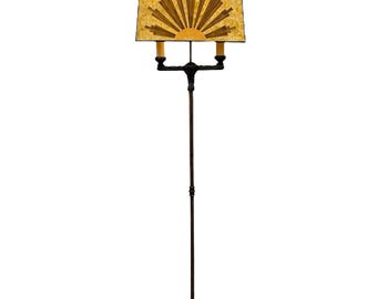 Antique Art Deco Floor Lamp New Custom Decorated Golden Mica Shade Brass Bronze Cast Iron Warm Light Depression Era Skyscraper Style #2627