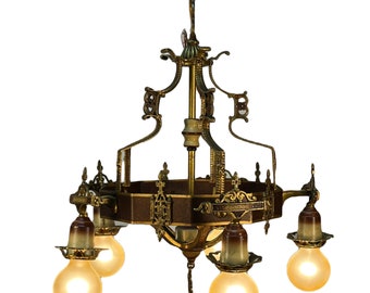Beautiful cast brass bare bulb chandelier from the 1920s #2372