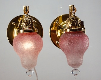 Pair of Vintage Sconces with  "Naughty" Antique Loetz Art Glass Shades #1242