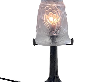 Petit Antique 1920s Art Deco Accent Lamp From France in Forged Iron with Patinated Finish and Frosted Glass Shade  #2563