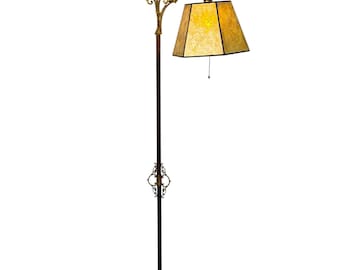 Antique Brass and Cast Iron Floor Lamp with Cast Brass Top and New Golden Mica Shade Beautiful Gold Colored Castings #2637