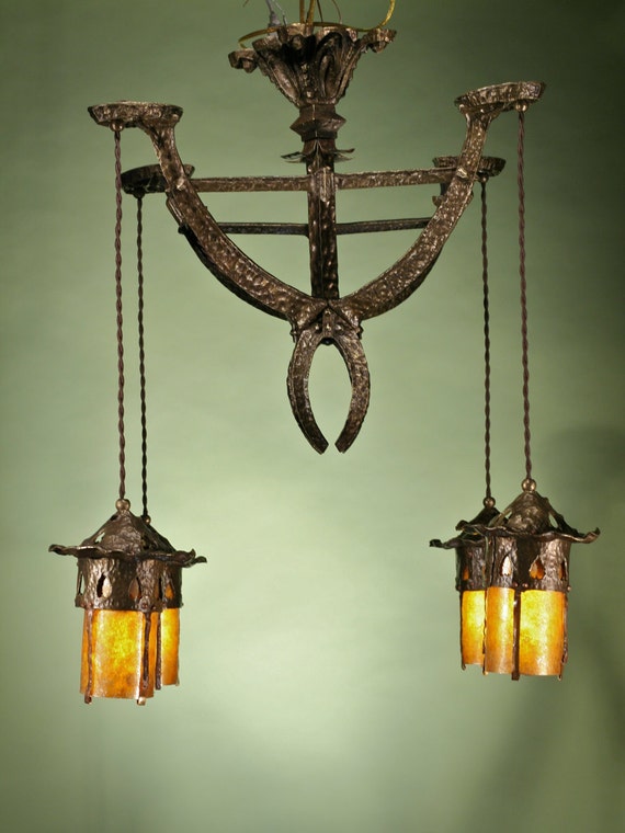 Hammered Bronze And Mica Arts Crafts Chandelier Rare