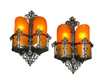 RESTORED Amazing Pair Spanish Revival Double Sconces with Bakelite Shades #2310