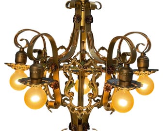 5 Light Aztec Gold Chandelier Shorter Ceiling Semi Flush Light Fixture with Original Red and Green Paint Finish Restored Vintage #2606