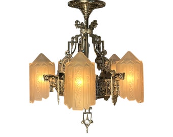 Spectacular Lincoln "Venetian" Semi-Flush Slip Shade Chandelier, ca 1931, #2318  Free Shipping