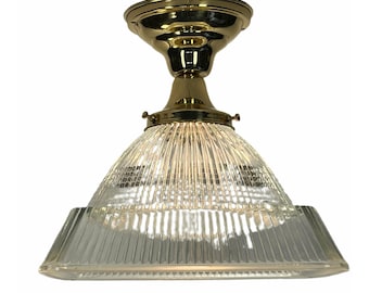 Clear Holophane Glass Square Shade on Semi Flush  Brass Fixture ca 1920s  1930s 1940s Art Deco #2236