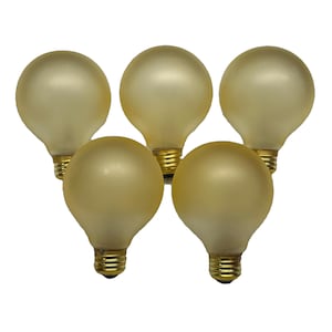 May include: Five frosted globe light bulbs with gold bases. The bulbs have a soft, warm yellow color and a round shape. These decorative bulbs are suitable for various lighting fixtures.