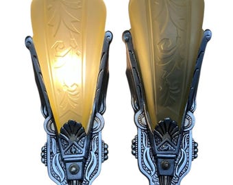 Pair Art Deco Slip Shade Wall Sconces from the 1930s with Dark Silver and Gold Paint Finish Amber Glass Shades Wall Bracket Uplight #2583