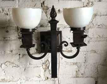 Matching PAIR (third available) Gas and Electric Arts and Crafts Wall Sconces with Steuben Art Glass Shades FREE SHIPPING