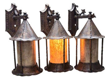 One of 3 Storybook Outdoor Cast Aluminum Lanterns with Hammered Texture and Antique Brass Finish and Silver Mica Shade #2636
