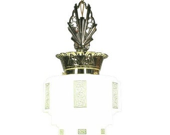 Antique Art Deco Polished Brass Crown Pendant with Green Stencil Shade #2215