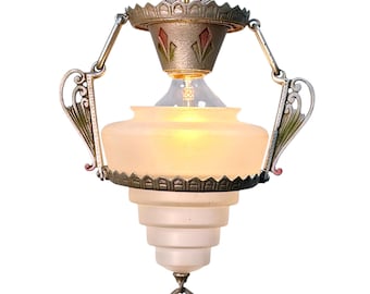 RESTORED 1 of 2 Art Deco Gill “Modernique” Slip Shade Pendant Semi Flush Light with Frosted Glass Shade (Matching Chandelier) #2068