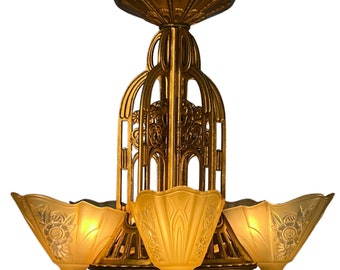 RESTORED Art Deco Slip Shade “Stylux” Chandelier for Short Ceilings #2332 Ready to Install