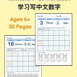 May include: Workbook for learning to write Chinese numbers 1-20. The cover features the title in English and Chinese, with "Ages 6+" and "30 Pages" displayed. Inside, practice sheets for writing numbers and coloring exercises are shown.