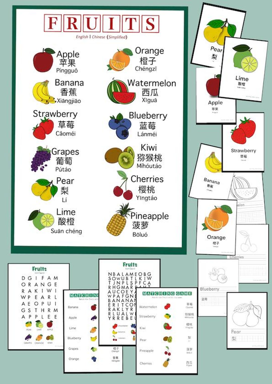 Bilingual Fruit Learning Pack – English & Simplified Chinese (31-page ...