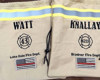 Tan and Black Firefighter Bag / SCBA mask bag / Cinch Sak / Personalized Last Name and Badge Number