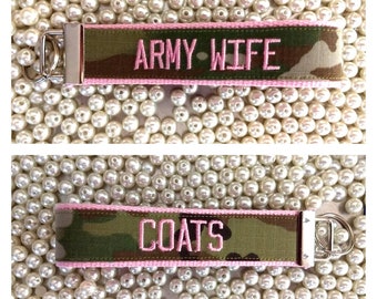 Army Wife OCP keychain in pink / Lastname key fob / Army Gift / Military Gift / Key Fob