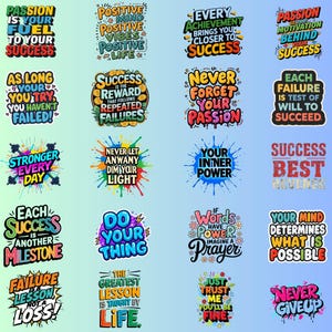 Paquete de imágenes prediseñadas con frases motivacionales / Diseños tipográficos inspiradores / Gráficos de mentalidad positiva / Descarga digital