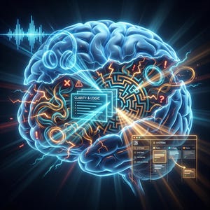 Peut inclure: Illustration numérique d'un cerveau bleu brillant avec des écouteurs, des ondes sonores et un labyrinthe. L'image comprend le texte "CLARITY & LOGIC" et un écran affichant "SYSTEMS". Le thème général est la technologie et l'esprit.