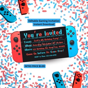 May include: A gaming-themed invitation in red and blue. The invitation features the text "You're Invited" and details for a birthday party, including the date, time, and location. The design includes game controllers and confetti.