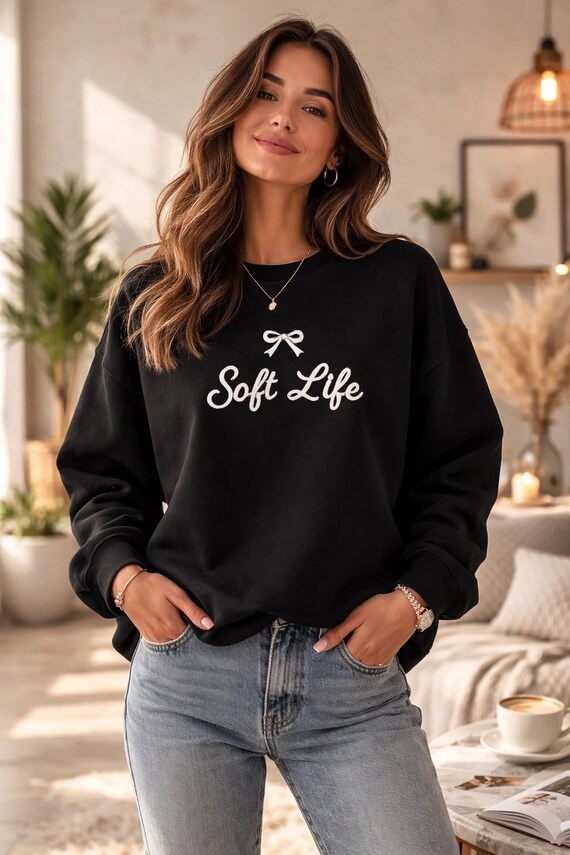 Soft Life Sweatshirt, Bow Script Crewneck, Cozy Pullover.