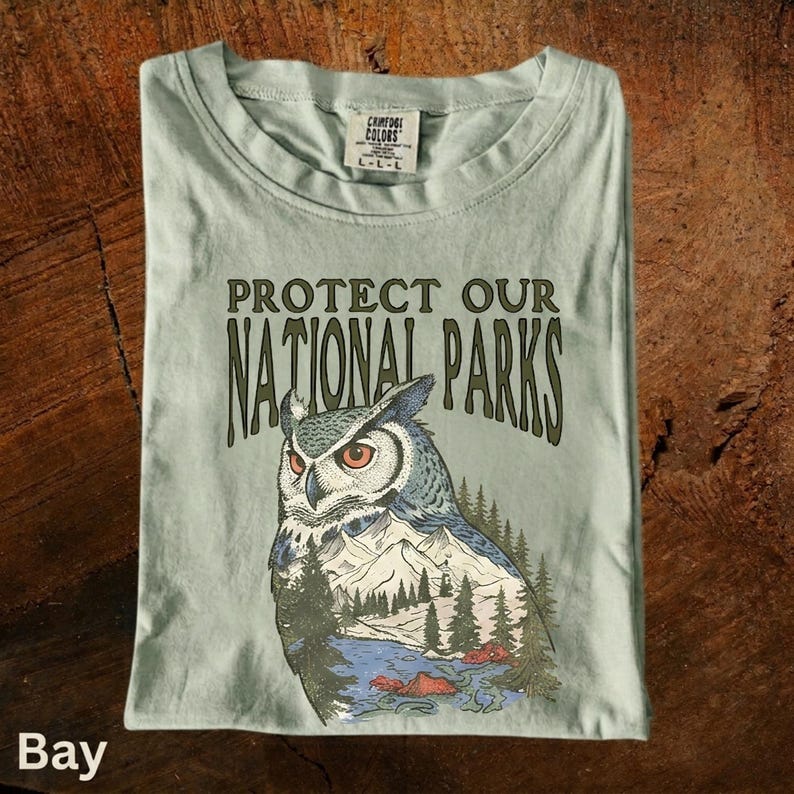 Peut inclure: T-shirt vert clair avec l'inscription "PROTECT OUR NATIONAL PARKS" et un dessin de hibou. Le hibou est repr&eacute;sent&eacute; avec un paysage de montagne et de for&ecirc;t. Le t-shirt est pli&eacute; et porte une &eacute;tiquette "Comfort Colors".