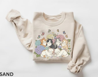 Retro Kitten Sweatshirt, Floral Cat Butterfly Graphic, 90s Pullover