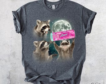 Funny Raccoons T-Shirt - Three Raccoons Howling at the Moon with Alani Drink - Comfy Cotton Tee