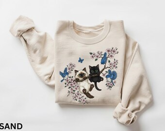 Vintage Kitten Sweatshirt, Cute Cats & Bluebirds Floral Graphic 90s Cottagecore Nature Jumper, Cute Kitten Lovers Ivory Top, Cat Print