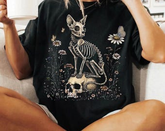 Cat Skeleton Shirt, Skeleton Cat T-Shirt, Cottagecore Skull Shirt, Wildflower Cat Skeleton Tee, Halloween Cat Shirt, Goth Cat Lover Gift