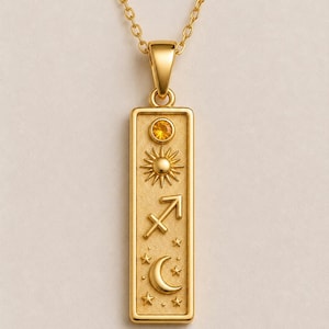 Sagittarius Birthstone Necklace - Rectangular Zodiac Pendant - Gold Astrology Jewelry - November Citrine Gift