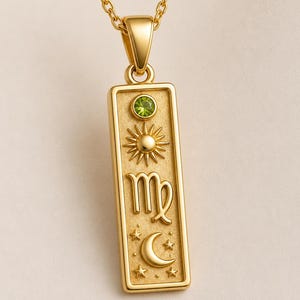 Virgo Birthstone Necklace - Rectangular Zodiac Pendant - Gold Astrology Jewelry - August Peridot Gift