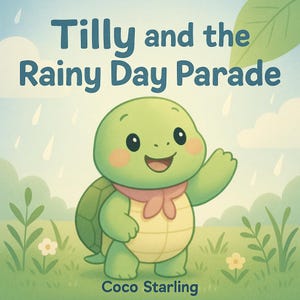 May include: A children's book cover illustration. It shows a cheerful cartoon turtle wearing a pink scarf, set in a rainy scene. The title is "Tilly and the Rainy Day Parade", with the author's name, "Coco Starling", displayed below.