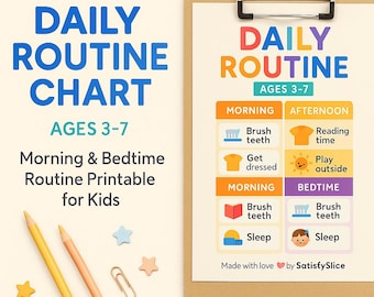 Tabla de rutina diaria para niños de 3 a 7 años. Rutina imprimible para la mañana y la noche. Horario visual para preescolar y niños pequeños. SatisfySlice Printa