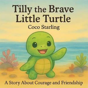 Op de afbeelding: Kinderboekcover met een lachende groene cartoon schildpad op een zandstrand. De titel is "Tilly the Brave Little Turtle" van Coco Starling. De ondertitel luidt "A Story About Courage and Friendship".