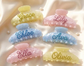 Fermaglio per capelli in acetato personalizzato con nome, grande fermaglio per capelli personalizzato con strass scintillanti, regalo personalizzato per lei, regalo per damigella d'onore con scritta per capelli