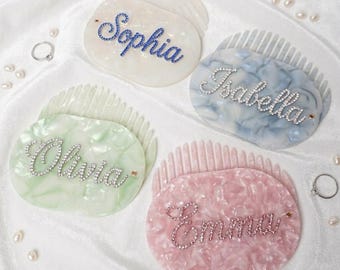 Cepillo de pelo de acetato personalizado, espejo compacto con nombre personalizado, peine para el cabello con diamantes de imitación, regalo para damas de honor, regalo de cumpleaños, regalo para calcetín navideño