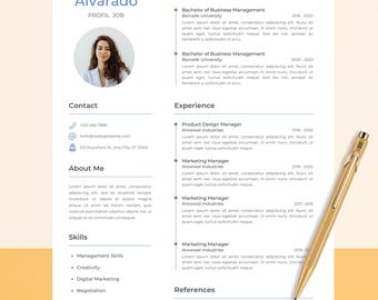 May include: A resume template with a photo, contact information, skills, and work experience. A gold pen rests on the right side of the document. The resume includes the name Lorna Alvarado and the title PROFIL JOB.