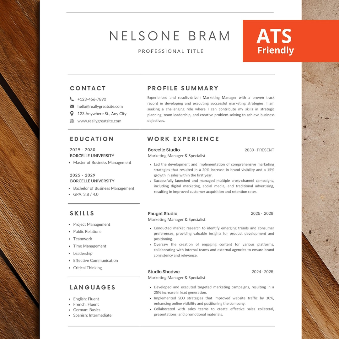 ATS Friendly Resume Template | Professional CV for Word, Google Docs ...