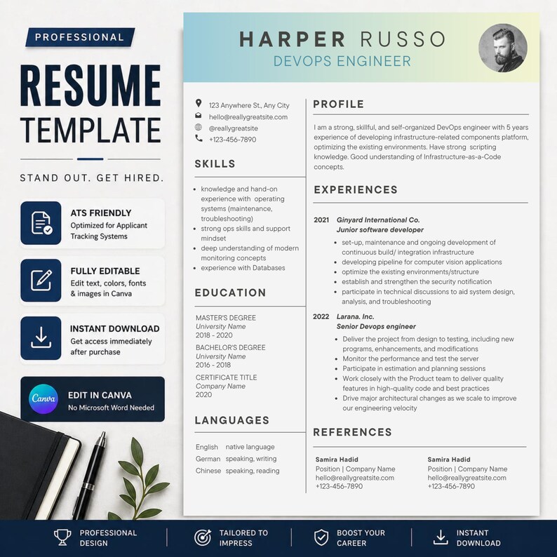 Easy ATS Resume Template Canva | Editable CV Template | Professional ...