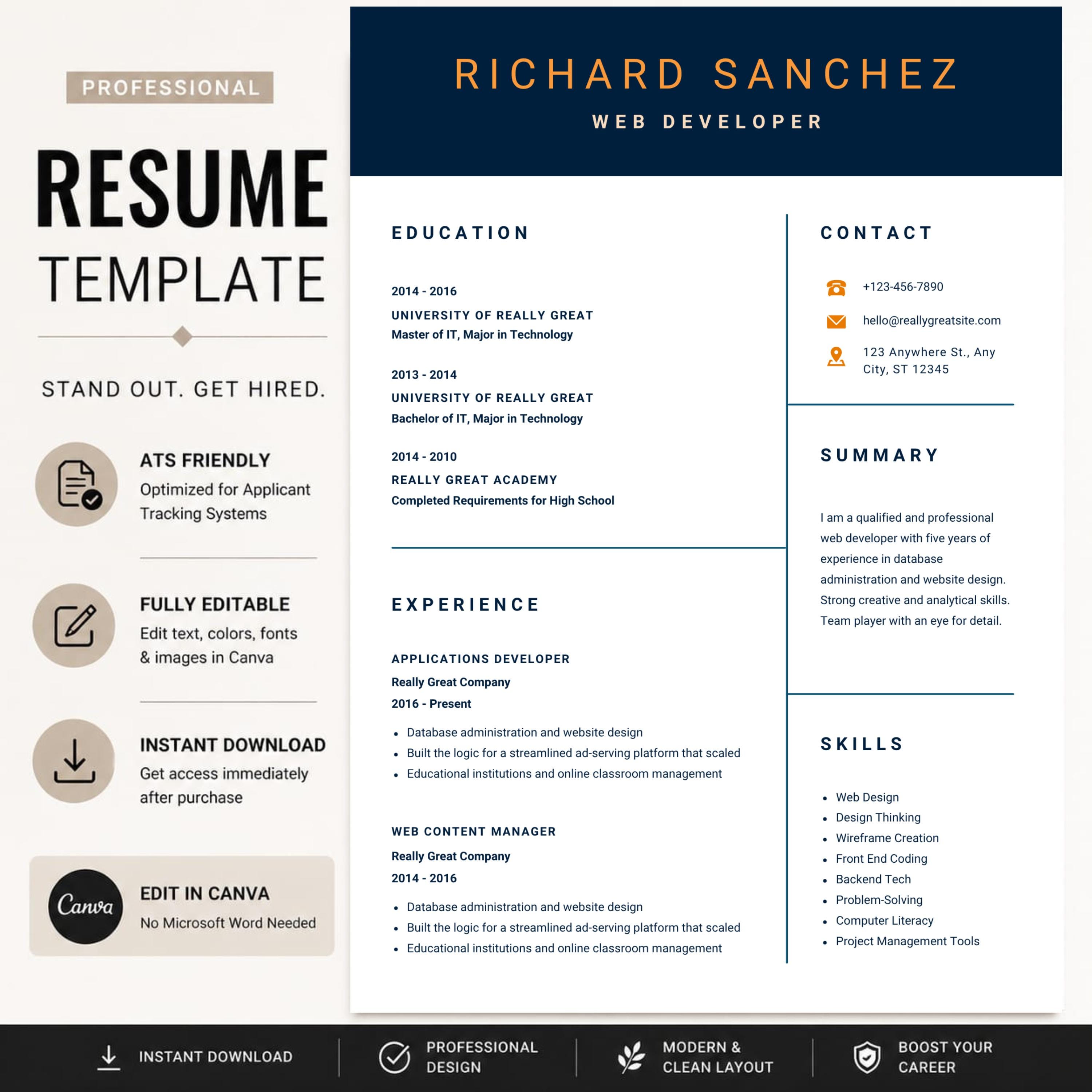 Easy ATS Resume Template | Modern CV Canva Word PPT | Editable ...