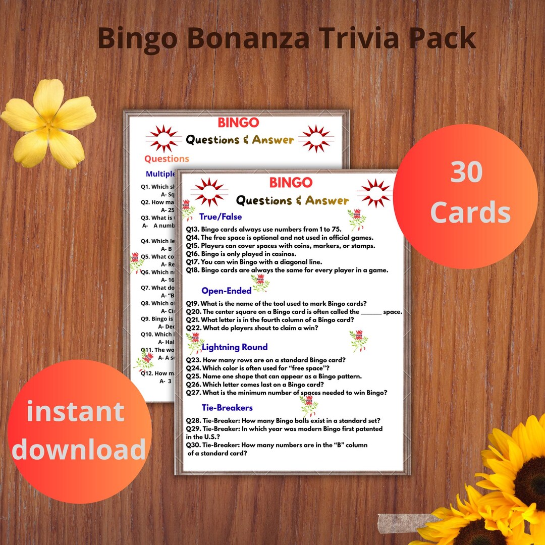 Kids Bingo Trivia Game, Printable Educational Quiz (instant Download ...