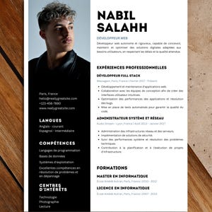 May include: A professional resume featuring a headshot of a man with text in black and white. The resume highlights skills, experience, and education, including web development, system administration, and programming languages. Contact information and interests are also listed.