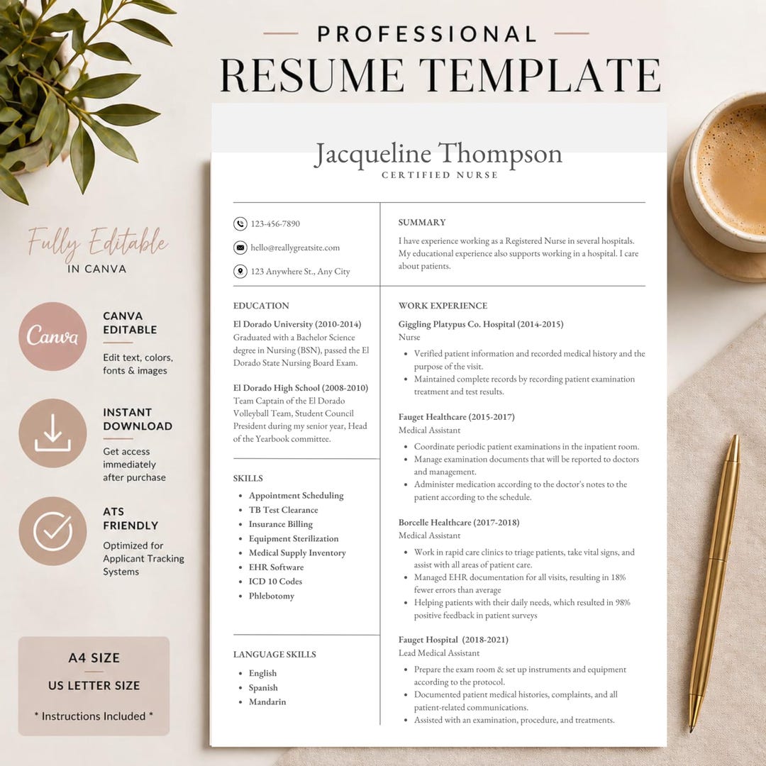 ATS Resume Template Canva | Editable CV + Cover Letter | Word & Google ...