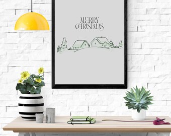 Bright Christmas Wall Art – Colorful Snowy Scene, Holiday Digital Print, Instant Download