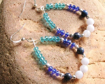 Hoop Earrings, Crystal Earrings, Gemstone Earrings, Sterling Silver Earrings, Blue Earrings, Blue Lace Agate Earrings,Hoops,GemSalad Jewelry