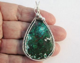 Natural Chrysocolla Sterling Silver Wire Wrapped Pendant