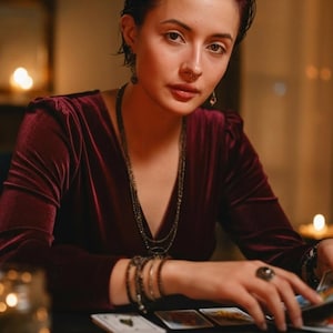 May include: A person wearing a burgundy velvet top, holding tarot cards. The scene is illuminated by candlelight, with additional candles in the background. The person is wearing jewelry, including necklaces and bracelets. The overall theme suggests fortune telling or divination.