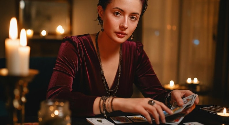 May include: A person wearing a burgundy velvet top, holding tarot cards. The scene is illuminated by candlelight, with additional candles in the background. The person is wearing jewelry, including necklaces and bracelets. The overall theme suggests fortune telling or divination.